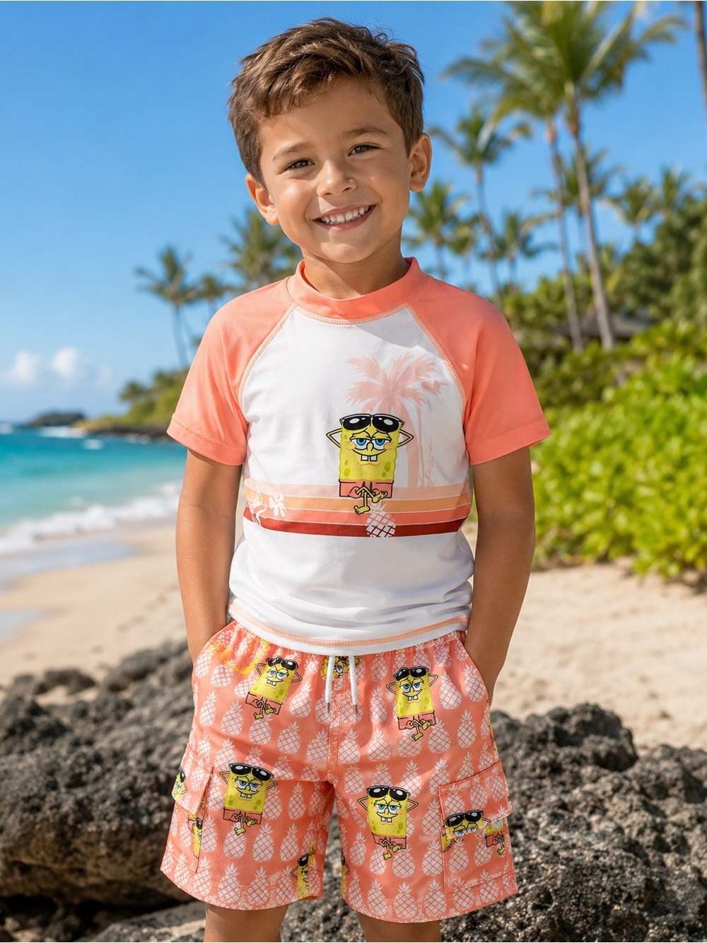Andy & Evan Coral and White SpongeBob Rashguard Swim Set